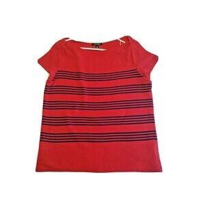LRL Women Large Top Short Sleeve Textured Knit Pullover Red Striped Heavy Thick